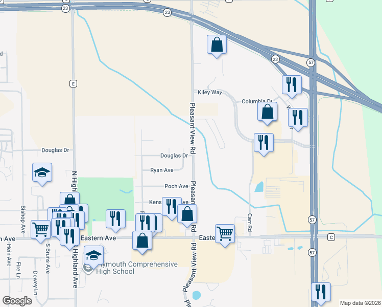 map of restaurants, bars, coffee shops, grocery stores, and more near 2475 Douglas Drive in Plymouth