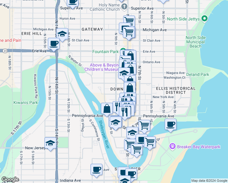map of restaurants, bars, coffee shops, grocery stores, and more near 706 North 9th Street in Sheboygan