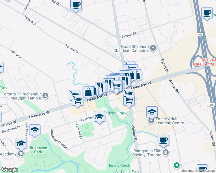 map of restaurants, bars, coffee shops, grocery stores, and more near 2362 Finch Avenue West in Toronto