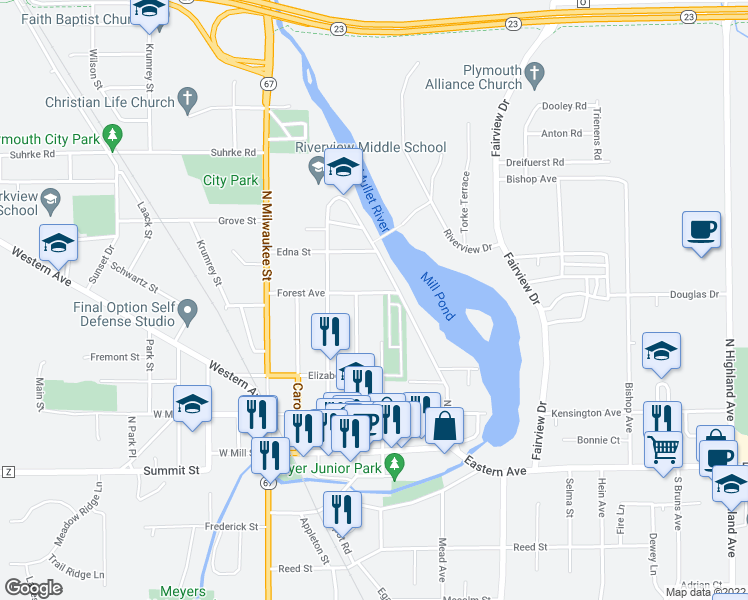 map of restaurants, bars, coffee shops, grocery stores, and more near 315 Forest Avenue in Plymouth