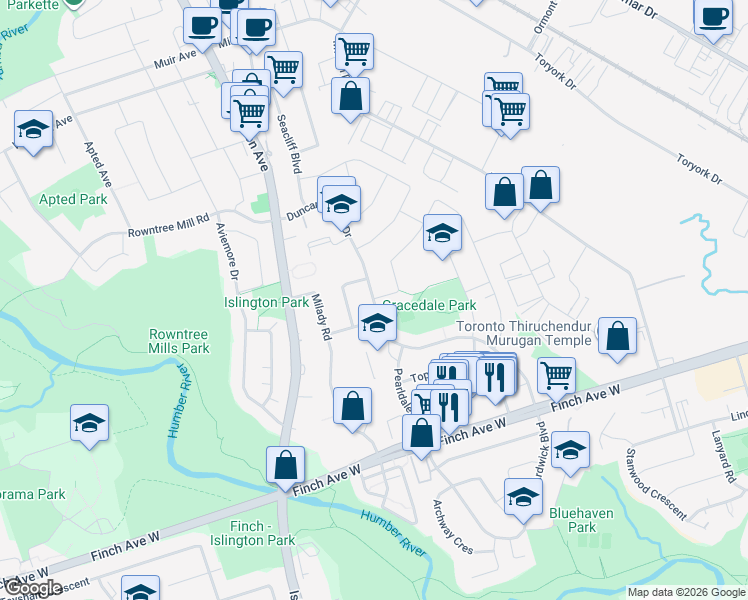 map of restaurants, bars, coffee shops, grocery stores, and more near 113 Duncanwoods Drive in Toronto