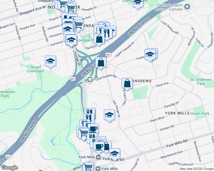 map of restaurants, bars, coffee shops, grocery stores, and more near 28 Upper Canada Drive in Toronto