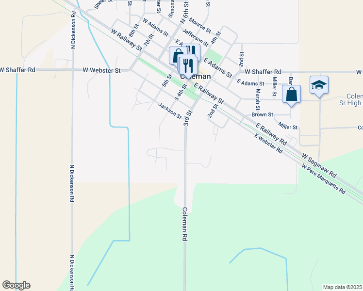 map of restaurants, bars, coffee shops, grocery stores, and more near 180 South 3rd Street in Coleman