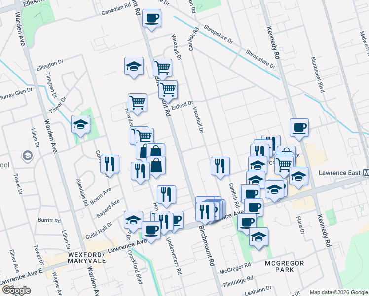 map of restaurants, bars, coffee shops, grocery stores, and more near 6 Merryfield Drive in Toronto