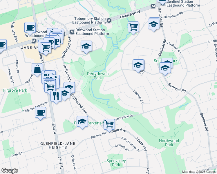 map of restaurants, bars, coffee shops, grocery stores, and more near 28 Keegan Crescent in Toronto