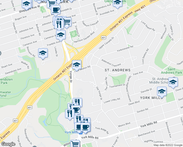 map of restaurants, bars, coffee shops, grocery stores, and more near 29 Upper Canada Drive in Toronto