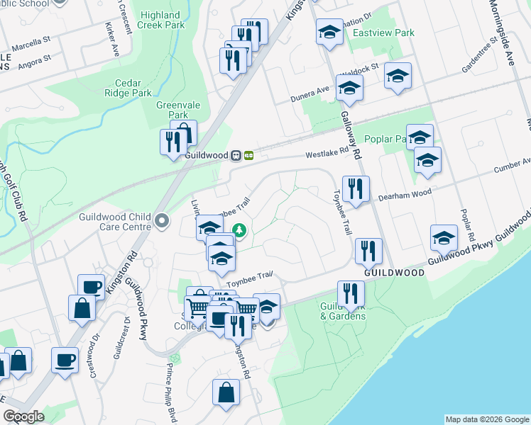 map of restaurants, bars, coffee shops, grocery stores, and more near 21 Nuffield Drive in Toronto