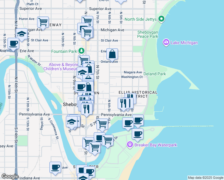 map of restaurants, bars, coffee shops, grocery stores, and more near 721 North 6th Street in Sheboygan