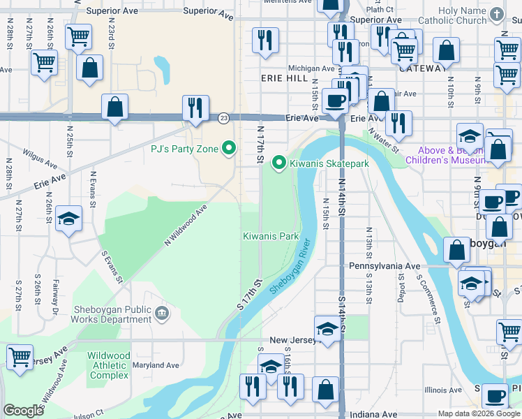 map of restaurants, bars, coffee shops, grocery stores, and more near 726 North 17th Street in Sheboygan