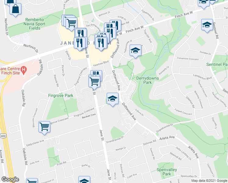 map of restaurants, bars, coffee shops, grocery stores, and more near 50 Driftwood Avenue in Toronto