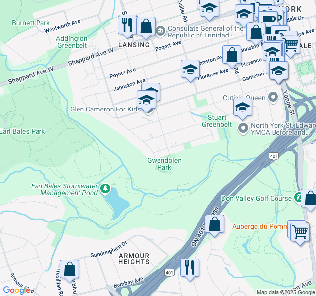 map of restaurants, bars, coffee shops, grocery stores, and more near 62 Gwendolen Avenue in Toronto