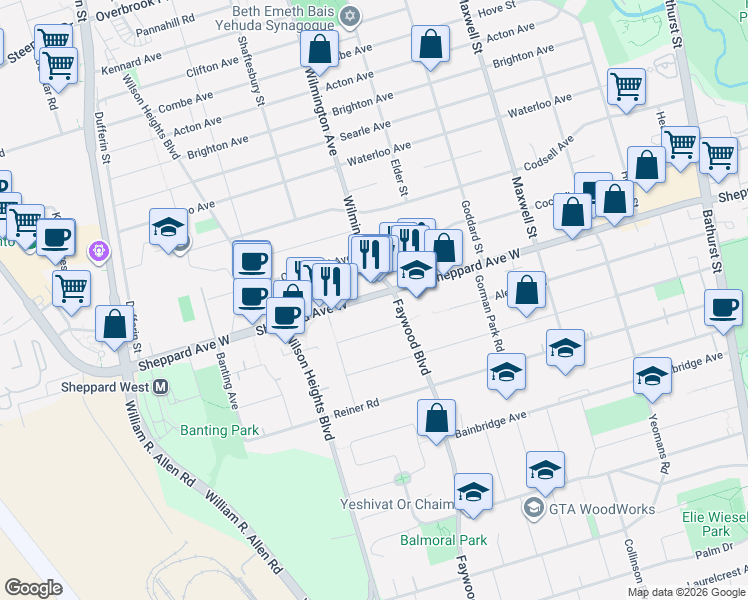 map of restaurants, bars, coffee shops, grocery stores, and more near 851 Sheppard Avenue West in Toronto