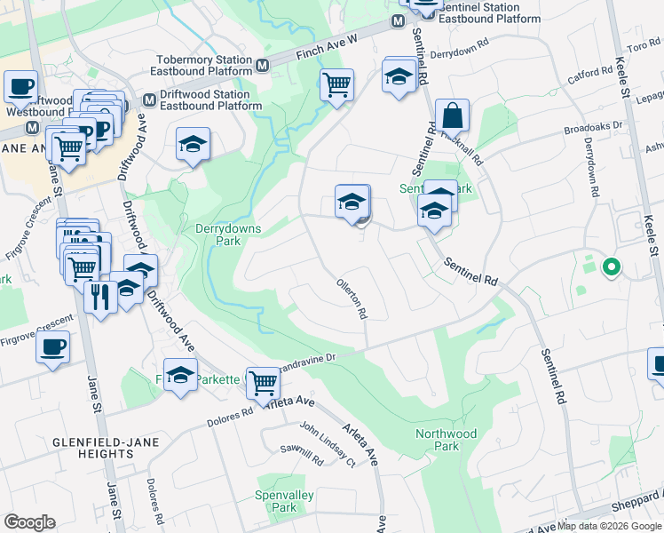 map of restaurants, bars, coffee shops, grocery stores, and more near 47 Ollerton Road in Toronto