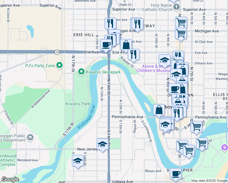 map of restaurants, bars, coffee shops, grocery stores, and more near 1306 New York Avenue in Sheboygan