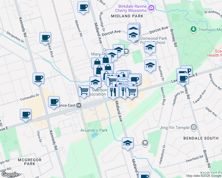map of restaurants, bars, coffee shops, grocery stores, and more near 1470 Midland Avenue in Toronto