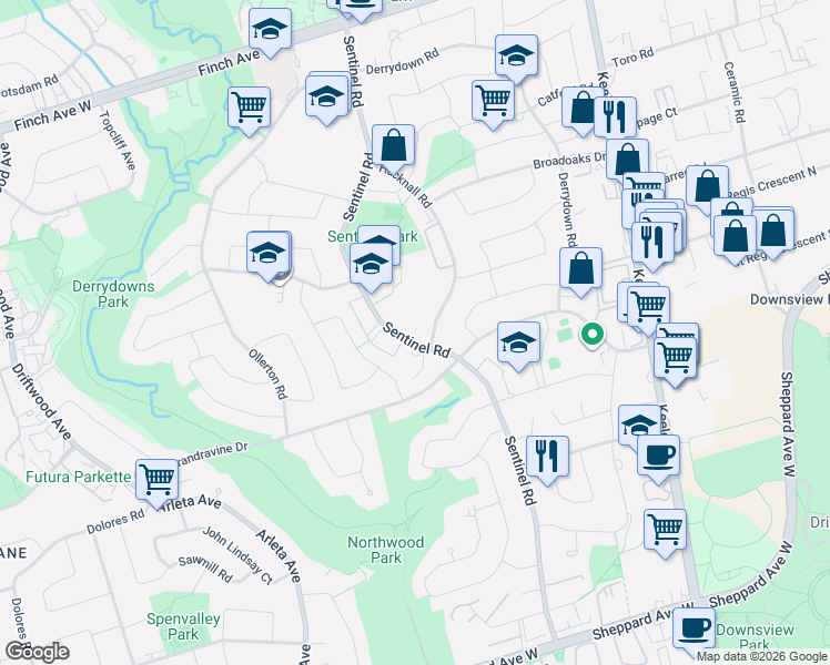 map of restaurants, bars, coffee shops, grocery stores, and more near 189 Sentinel Road in Toronto