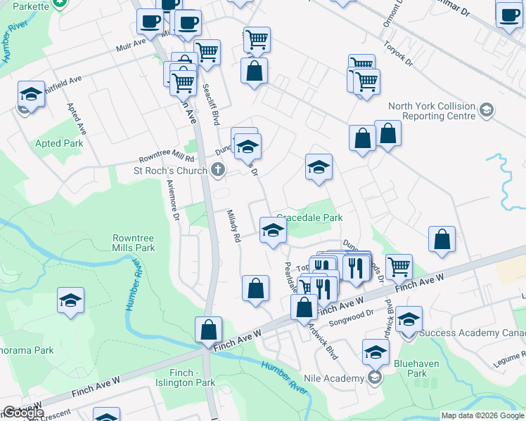map of restaurants, bars, coffee shops, grocery stores, and more near 113 Duncanwoods Drive in Toronto