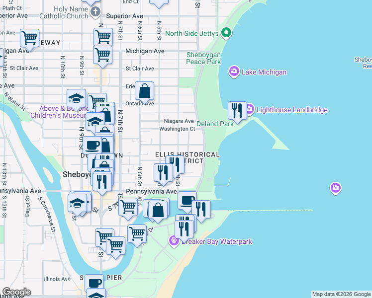 map of restaurants, bars, coffee shops, grocery stores, and more near 304 New York Avenue in Sheboygan