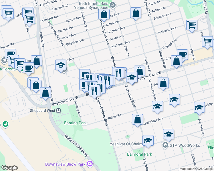map of restaurants, bars, coffee shops, grocery stores, and more near 872 Sheppard Avenue West in Toronto