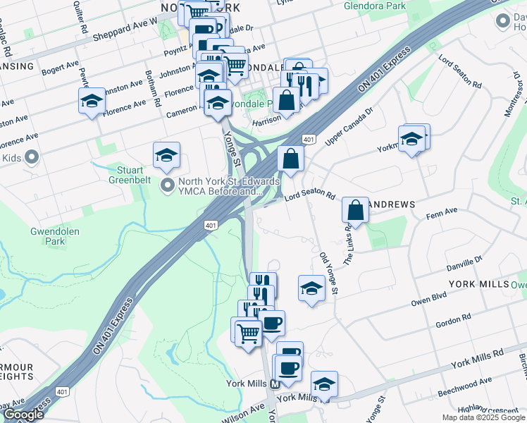 map of restaurants, bars, coffee shops, grocery stores, and more near 1 Lord Seaton Road in Toronto