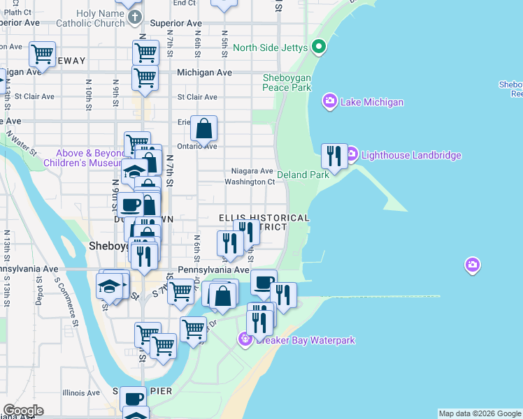map of restaurants, bars, coffee shops, grocery stores, and more near 304 New York Avenue in Sheboygan