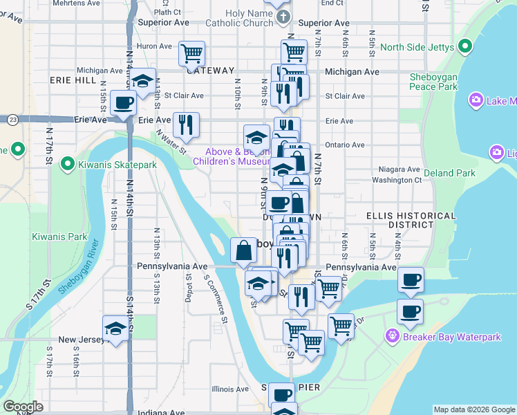 map of restaurants, bars, coffee shops, grocery stores, and more near 920 New York Avenue in Sheboygan