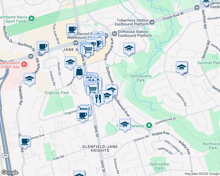 map of restaurants, bars, coffee shops, grocery stores, and more near 50 Driftwood Avenue in Toronto