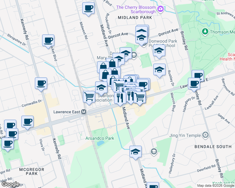 map of restaurants, bars, coffee shops, grocery stores, and more near 1470 Midland Avenue in Toronto