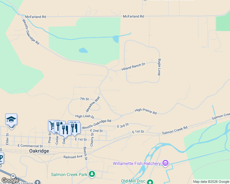 map of restaurants, bars, coffee shops, grocery stores, and more near East Meadow Way in Oakridge