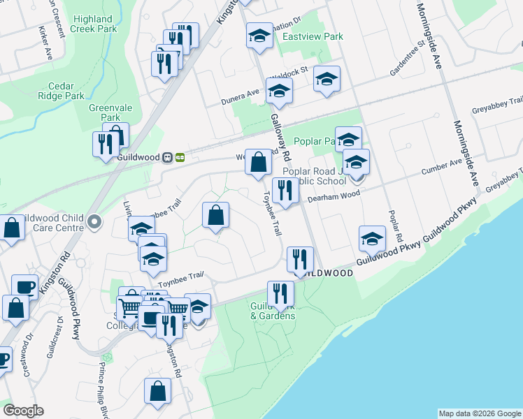 map of restaurants, bars, coffee shops, grocery stores, and more near 3 Wythenshawe Wood in Toronto