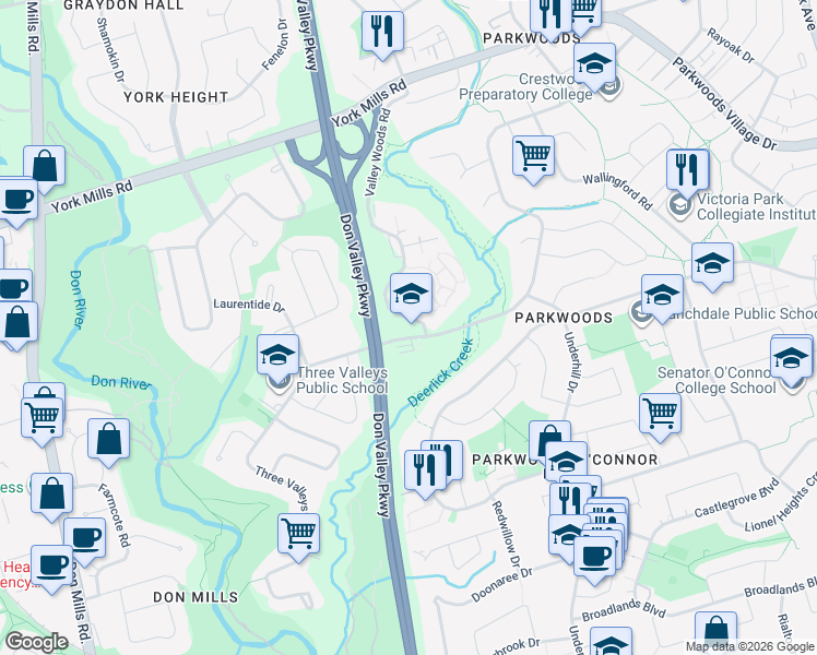 map of restaurants, bars, coffee shops, grocery stores, and more near 18 Valley Woods Road in Toronto