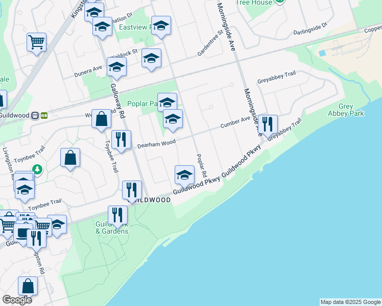 map of restaurants, bars, coffee shops, grocery stores, and more near 24 Poplar Road in Toronto