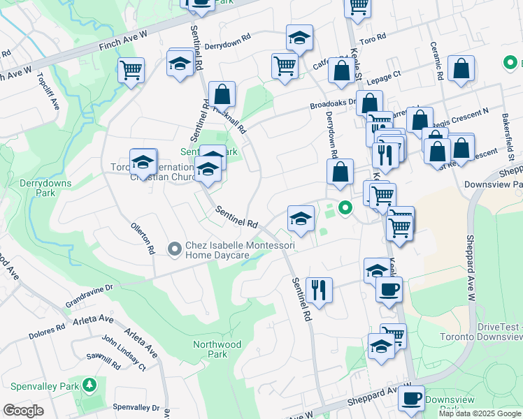 map of restaurants, bars, coffee shops, grocery stores, and more near 78 Frankton Crescent in Toronto