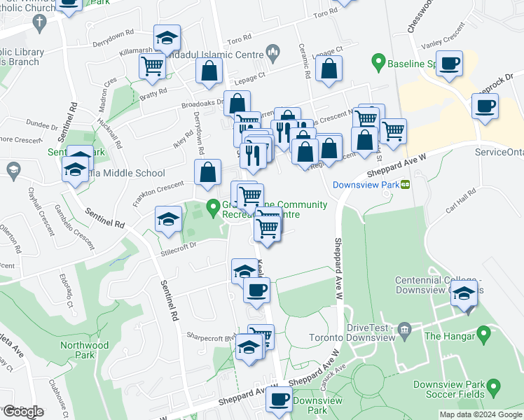 map of restaurants, bars, coffee shops, grocery stores, and more near 3645 Keele Street in Toronto