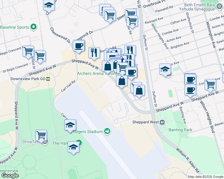 map of restaurants, bars, coffee shops, grocery stores, and more near 1 Yukon Lane in Toronto