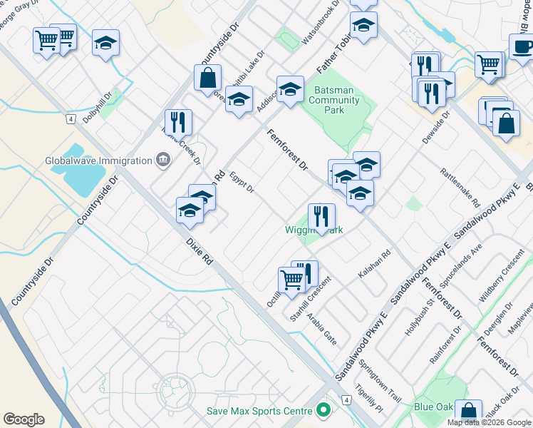 map of restaurants, bars, coffee shops, grocery stores, and more near 4 Hopecrest Place in Brampton