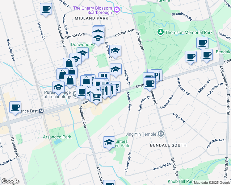 map of restaurants, bars, coffee shops, grocery stores, and more near Lawrence Avenue East in Toronto