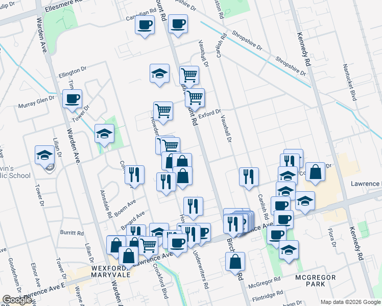 map of restaurants, bars, coffee shops, grocery stores, and more near 1430 Birchmount Road in Toronto
