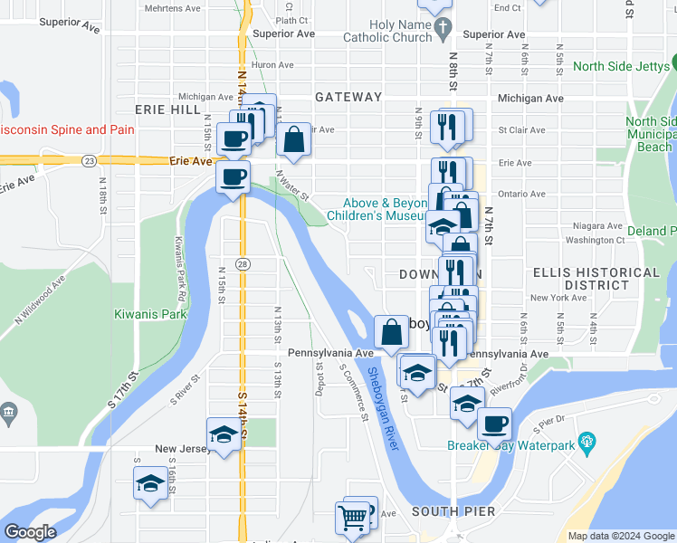 map of restaurants, bars, coffee shops, grocery stores, and more near 732 North Water Street in Sheboygan