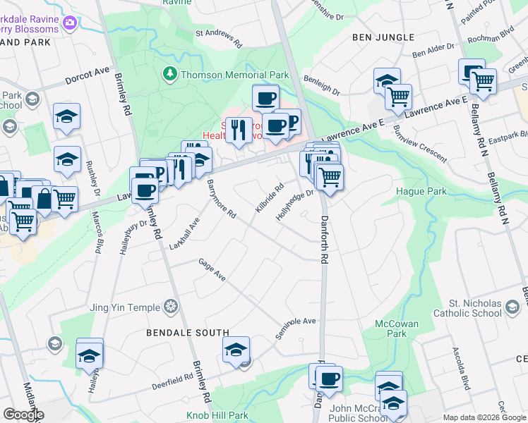map of restaurants, bars, coffee shops, grocery stores, and more near 27 Kilbride Road in Toronto
