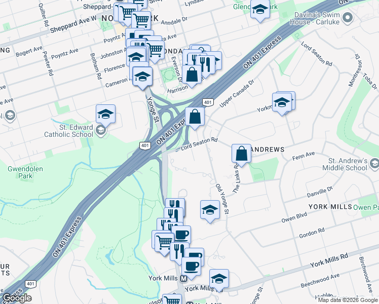 map of restaurants, bars, coffee shops, grocery stores, and more near in Toronto