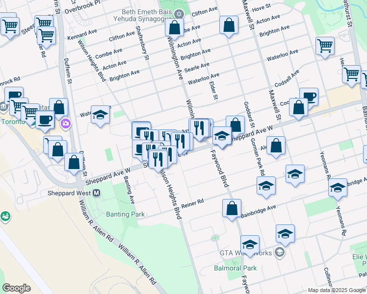 map of restaurants, bars, coffee shops, grocery stores, and more near in Toronto
