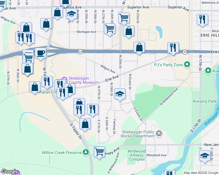 map of restaurants, bars, coffee shops, grocery stores, and more near 642 North 26th Street in Sheboygan