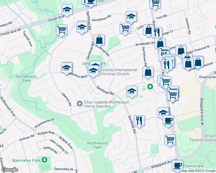 map of restaurants, bars, coffee shops, grocery stores, and more near 12 Hucknall Road in Toronto