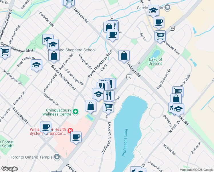 map of restaurants, bars, coffee shops, grocery stores, and more near 63 Clover Bloom Road in Brampton