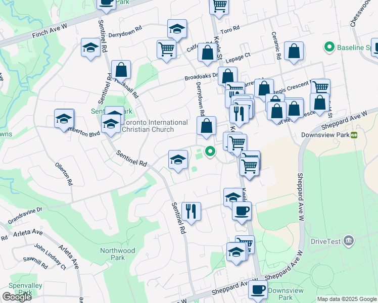 map of restaurants, bars, coffee shops, grocery stores, and more near 101 Grandravine Drive in Toronto