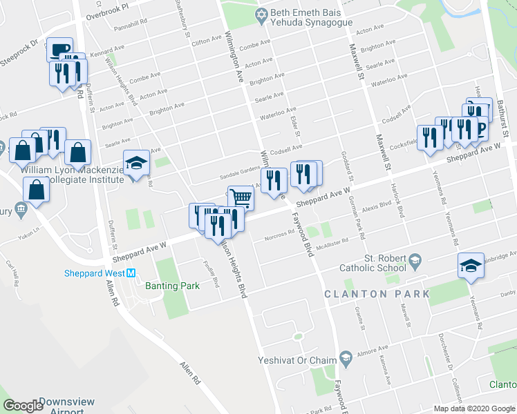 map of restaurants, bars, coffee shops, grocery stores, and more near 866 Sheppard Avenue West in Toronto