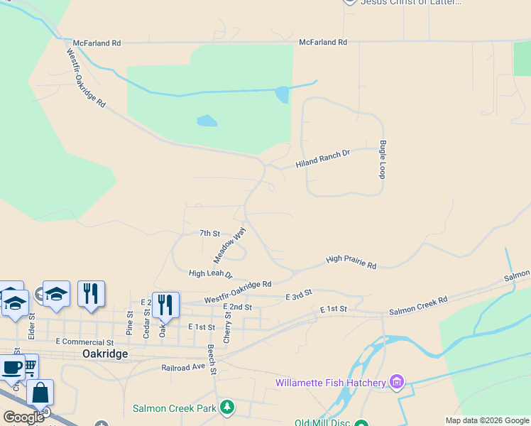 map of restaurants, bars, coffee shops, grocery stores, and more near East Meadow Way in Oakridge