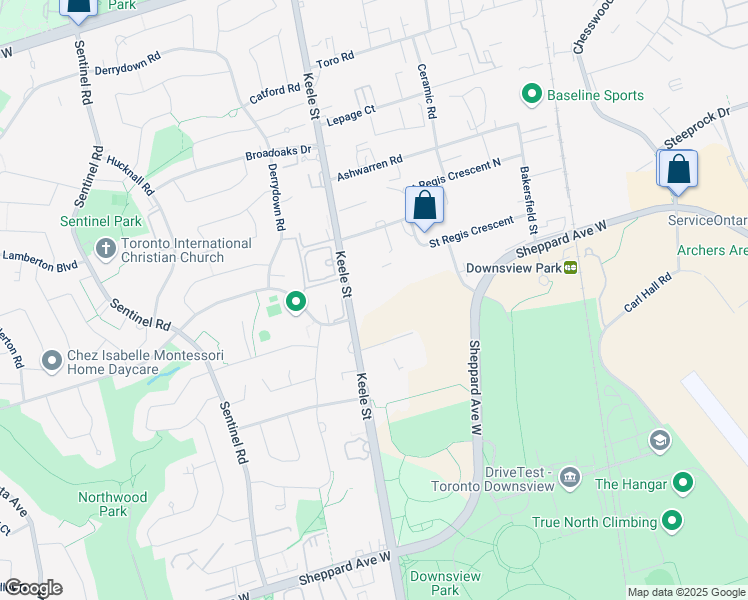 map of restaurants, bars, coffee shops, grocery stores, and more near 3645 Keele Street in Toronto