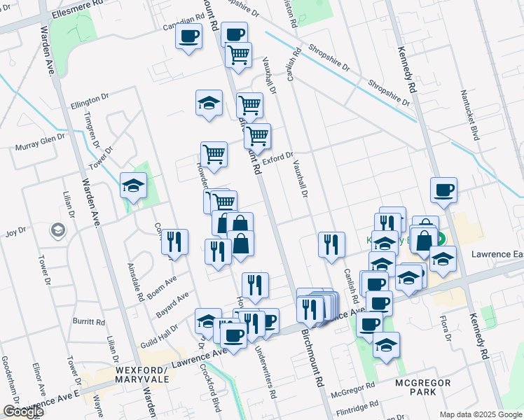 map of restaurants, bars, coffee shops, grocery stores, and more near 1430 Birchmount Road in Toronto